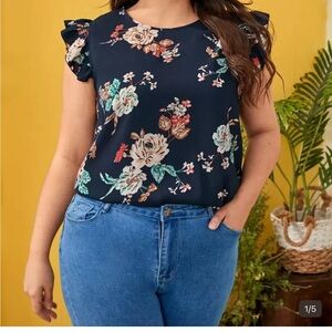 SHEIN Navy Floral Ruffle Sleeve Blouse